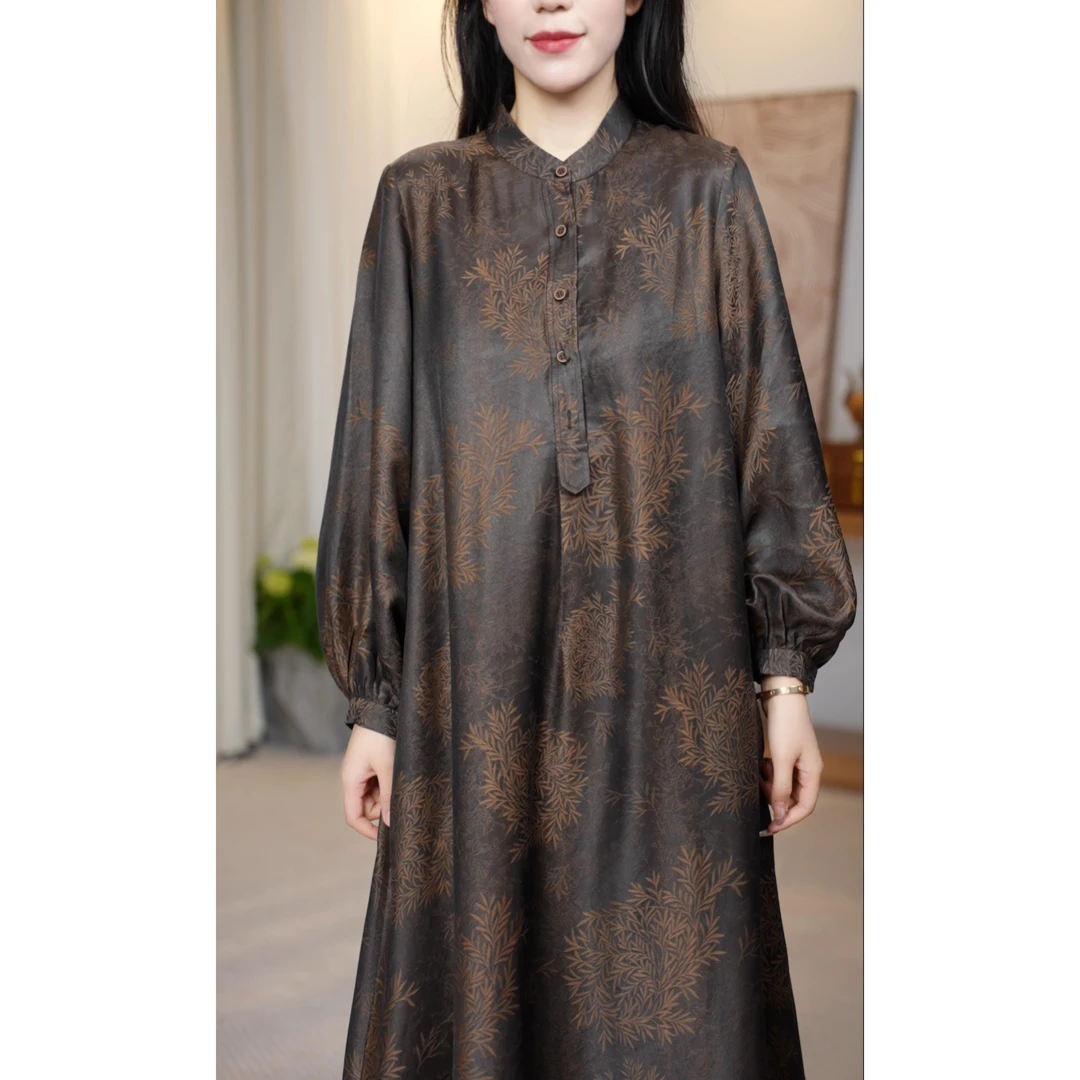 【繁枝】新中式提花香云纱宽松时尚优雅复古气质古朴连衣裙Y8891