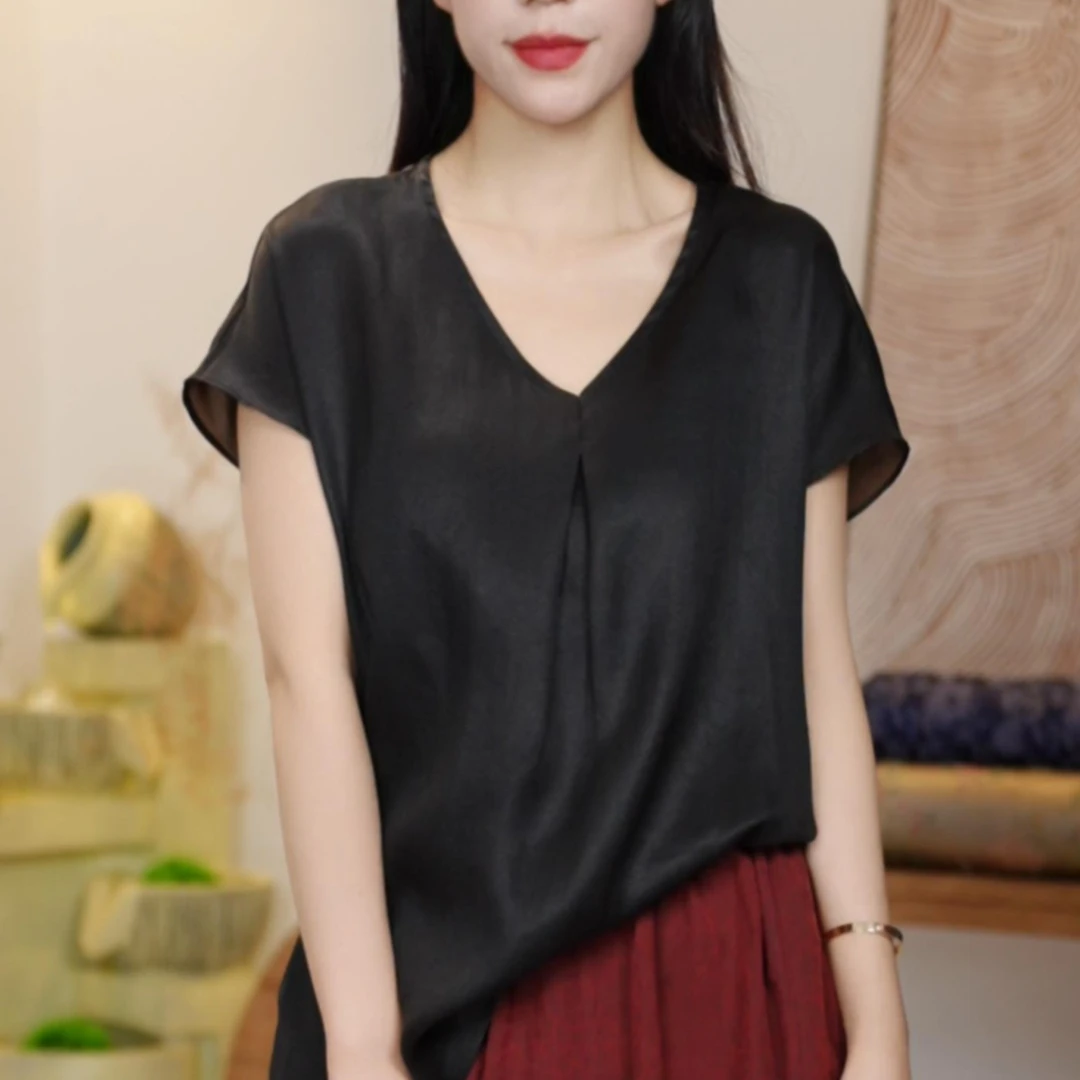 【黑色幽默】新中式香云纱黑色小V领T恤休闲百搭短袖气质上衣Y8783