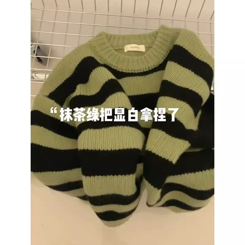 吧啦童装韩版童装绿色条纹毛衣男女童秋冬森系复古软糯套头儿童宝