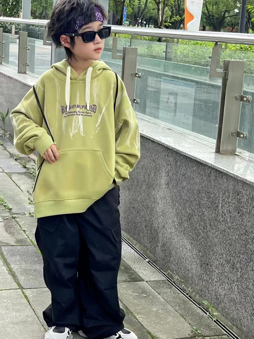 2025春季儿童新款长袖连帽卫衣舒适休闲运动宽松印花中大童潮上衣