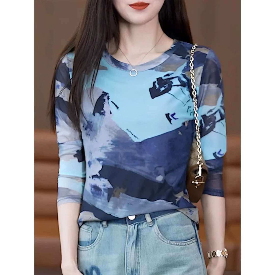 [秋季新款]气质轻奢水墨T恤时尚洋气百搭小个子休闲长袖 遮肉显瘦
