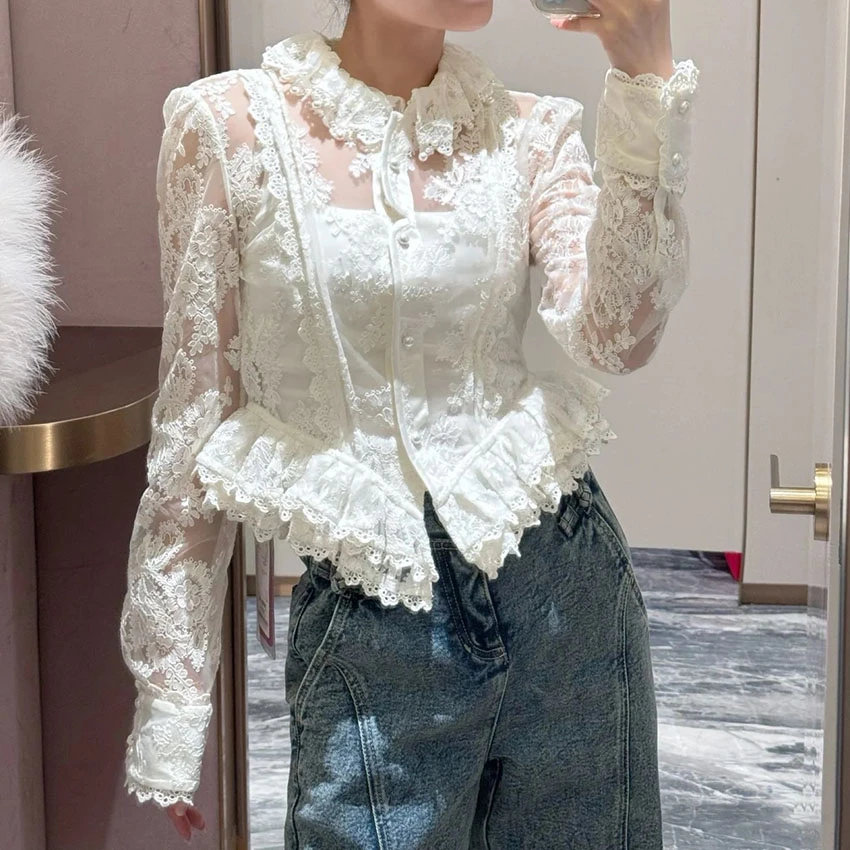 【DÉ MYSTÈRE】法式高贵气质荷叶边镂空修身蕾丝衬衣上衣女GQW68080
