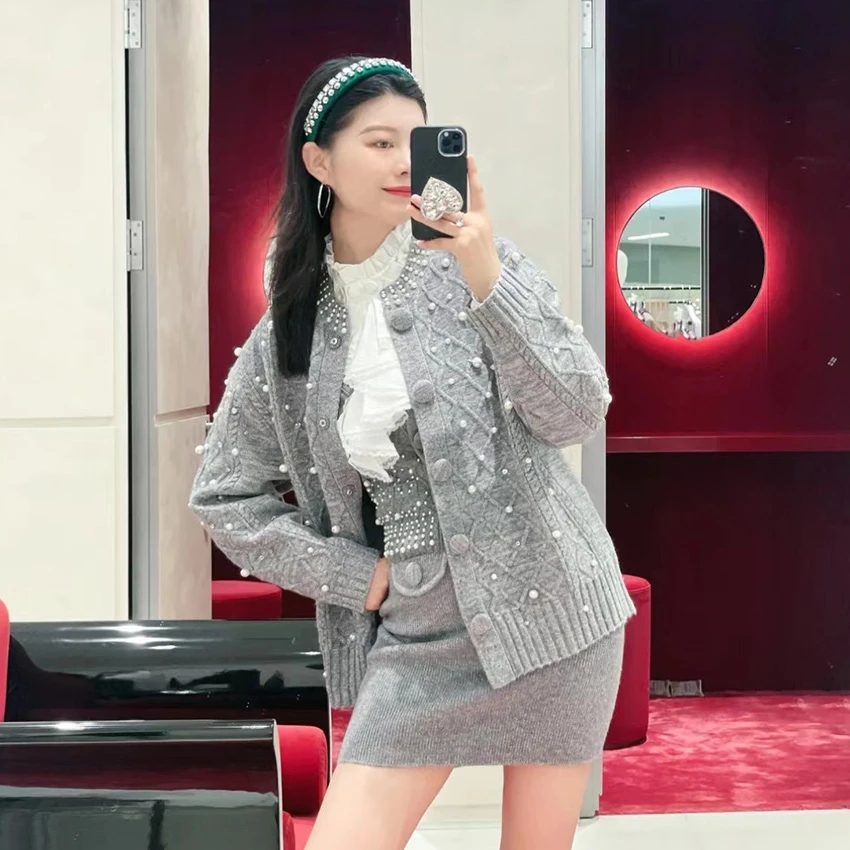 【DÉMYSTÈRE】拉拉家2024秋季钉珠针织毛衣开衫/包臀裙短裙GQW68054