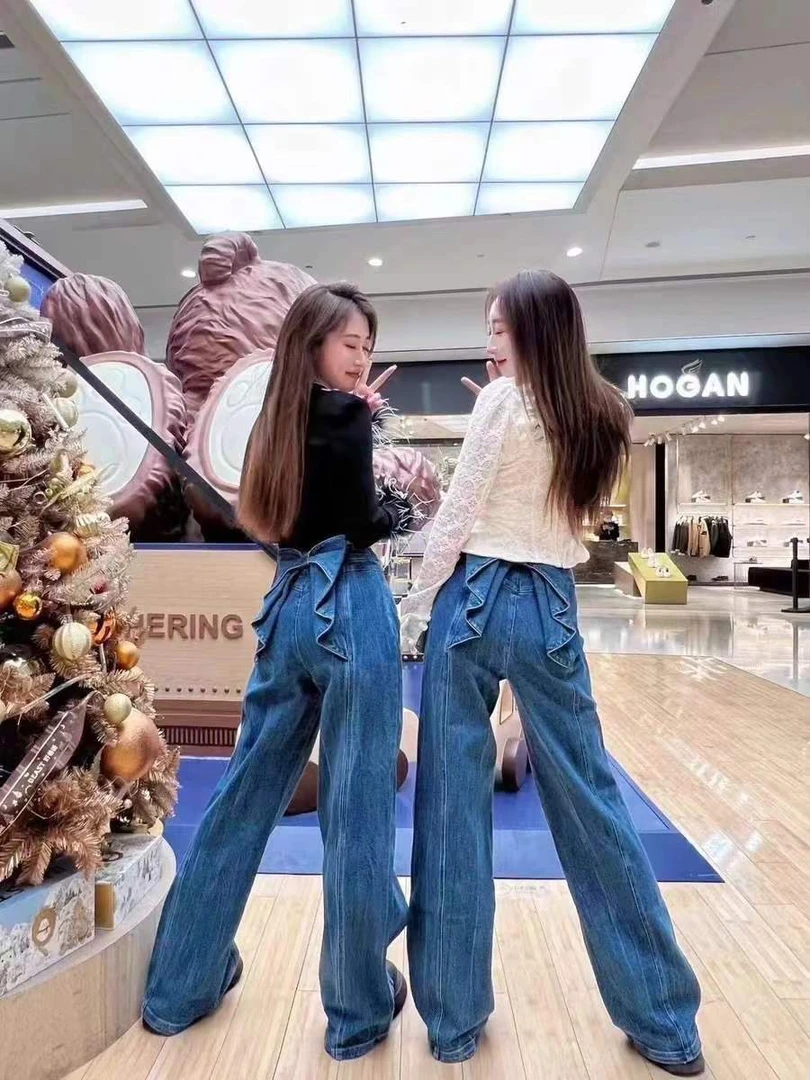 【DÉMYSTÈRE】刘亦菲同款 复古百搭蝴蝶结高腰牛仔裤喇叭裤GQW67976