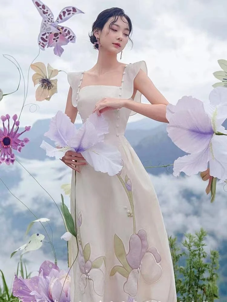 【DÉ MYSTÈRE】小众设计师镂空浮雕荷花女装连衣裙GMOD202100235