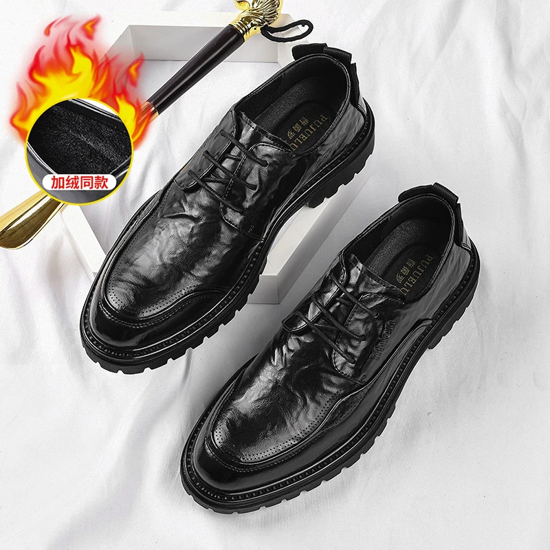 8667皮鞋男加绒牛皮商务正装男士休闲软底百搭系带高端时尚新郎鞋