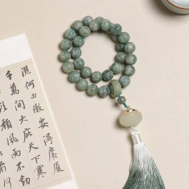 白玉菩提根莲花手持女半山半水六字箴言文玩可盘流苏跑环双圈古风