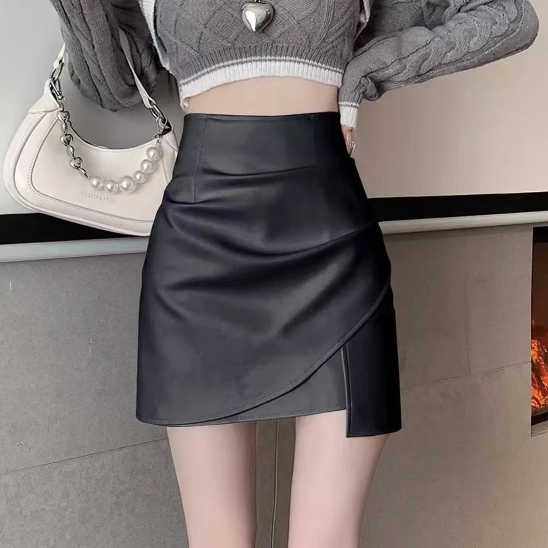 田9345褶皱小皮裙女秋冬新高腰显瘦不规则A字半身裙时尚包臀短裙