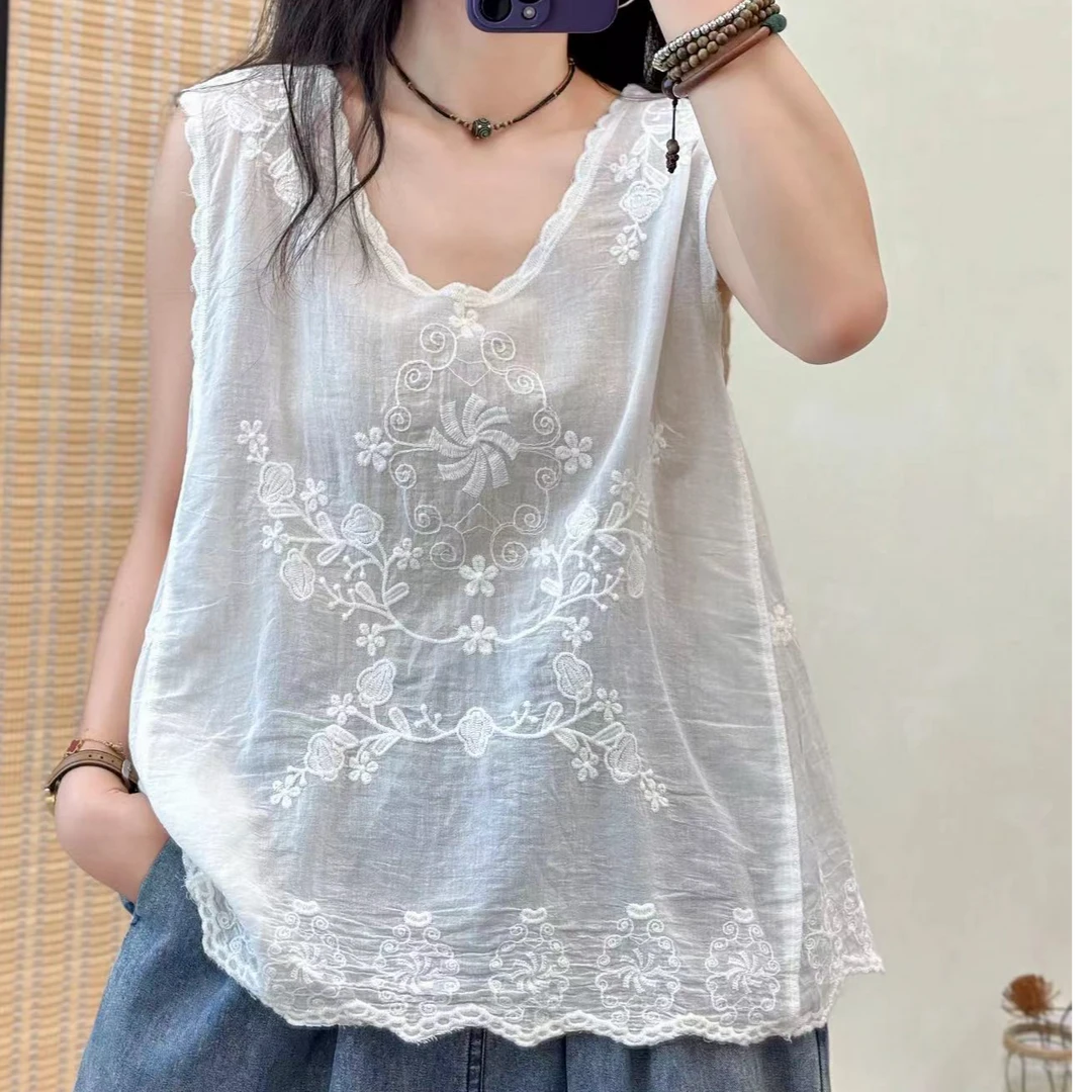 背心）纯色背心女款四季棉镂空钩花无袖上衣文艺复古韩范宽松吊带T