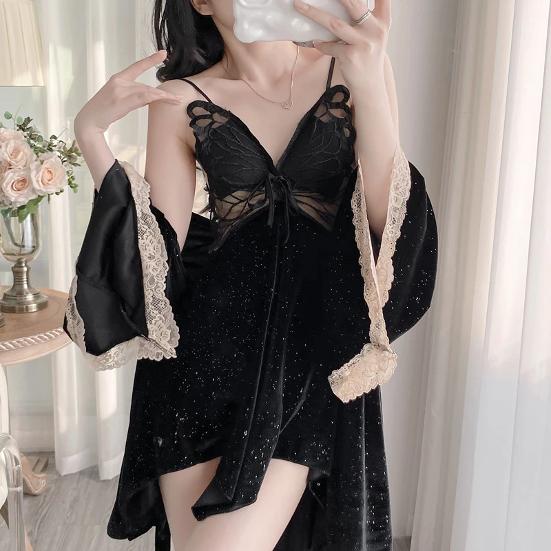 睡衣女秋冬季2023年新款金丝绒长袖睡袍性感带胸垫蝴蝶结吊带套装