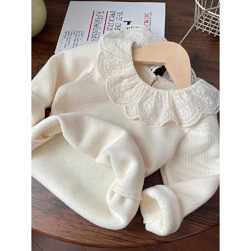 【冬季大促】深秋冬季新款女童宝宝蕾丝领一体绒竖纹纯色打底衫T恤