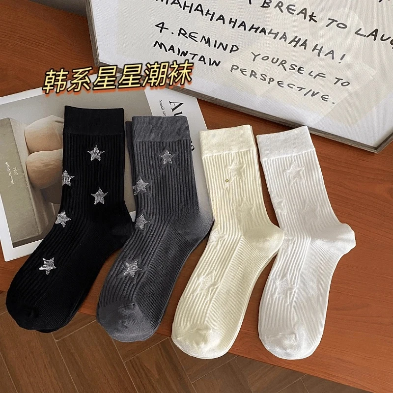五角星秋冬季女袜中筒袜韩版 潮流时尚设计感个性堆堆袜ak