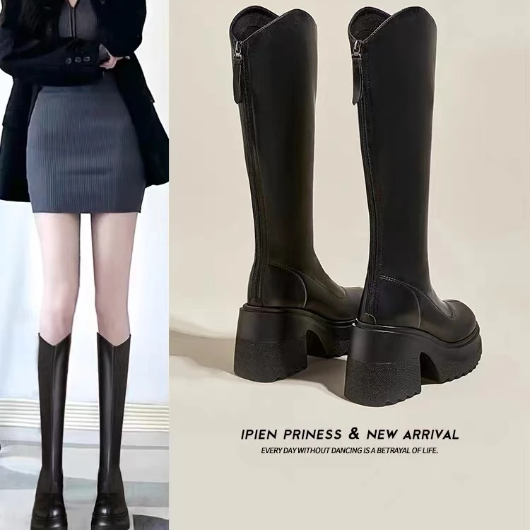 真皮高跟鞋长靴女秋冬新款厚底高筒靴骑士靴长筒小个子女靴百搭