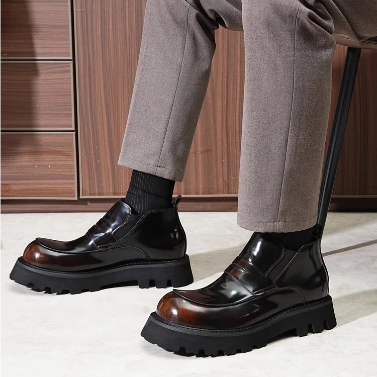 马丁靴男款真皮2025新款增高厚底高帮皮鞋冬季加绒大头切尔西男靴