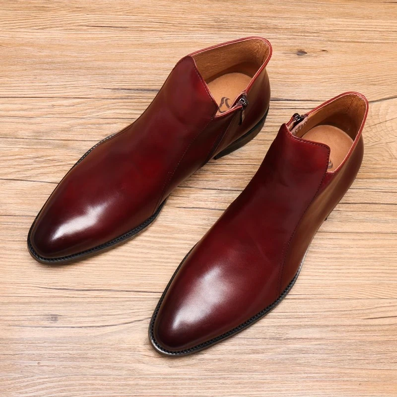 切尔西靴男高帮皮鞋英伦加绒真皮皮靴尖头短靴套脚正装商务潮男靴