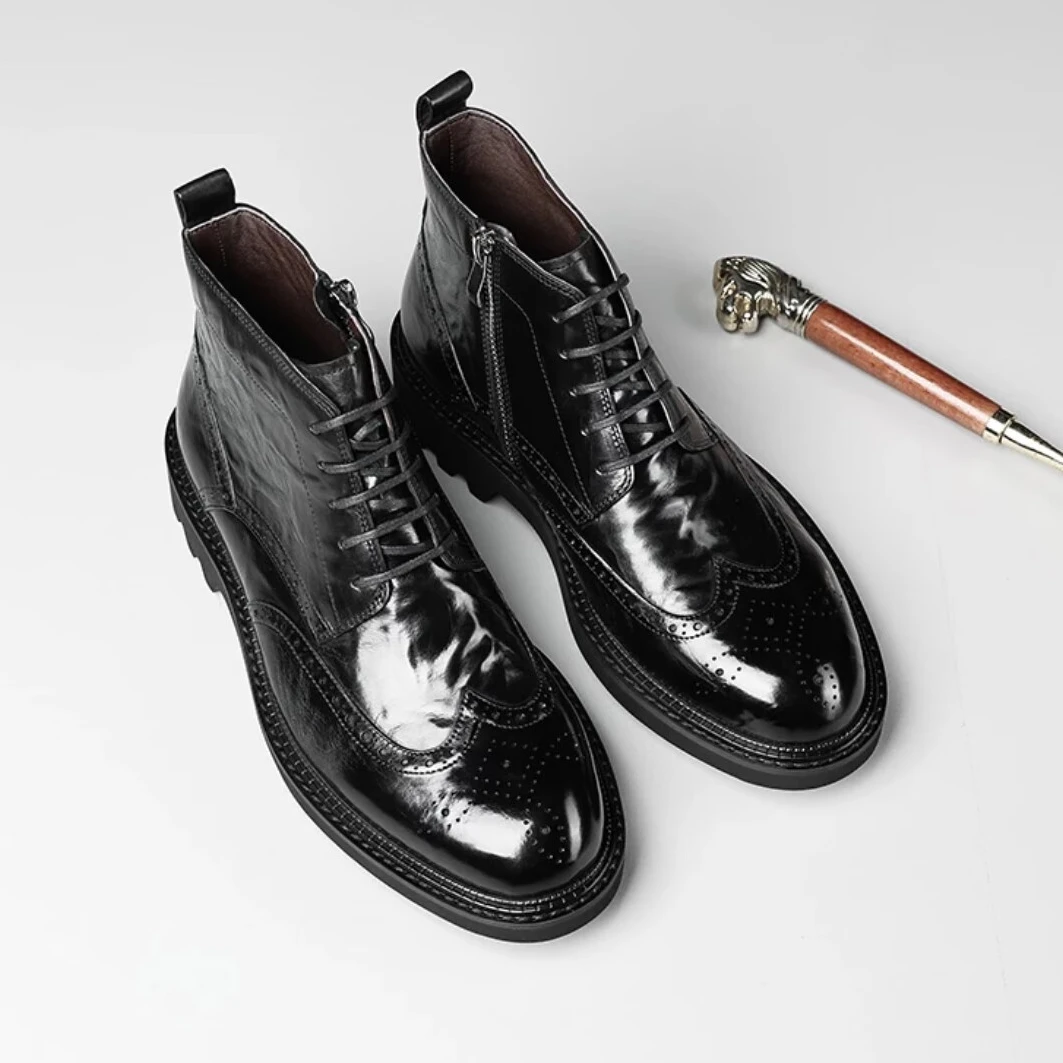 冬季新款马丁靴男真皮商务高帮皮鞋圆头男士皮靴切尔西靴加绒短靴