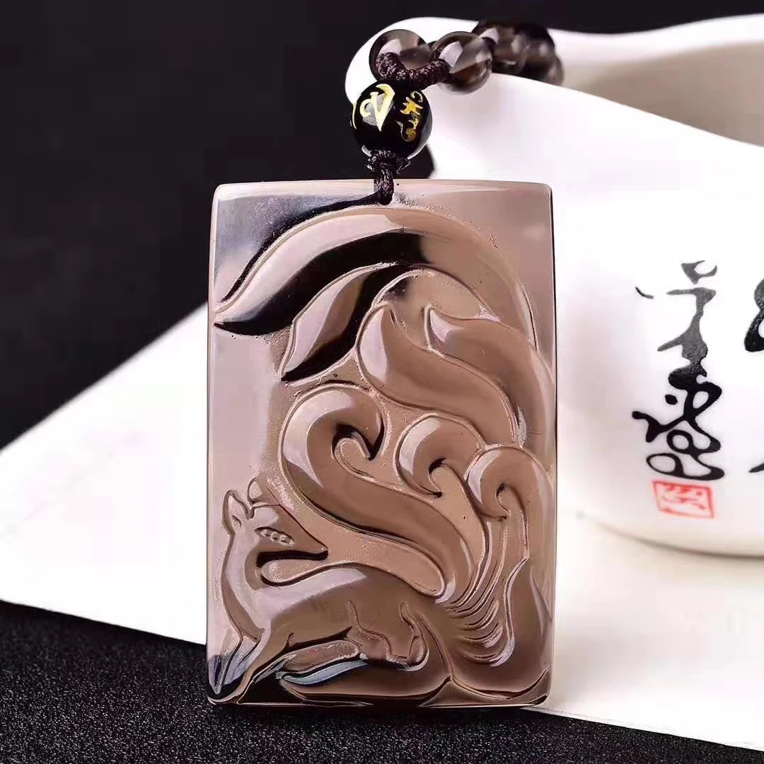 冰晶黑曜石九尾狐吊坠项链女款送礼盒有证书 基地发货