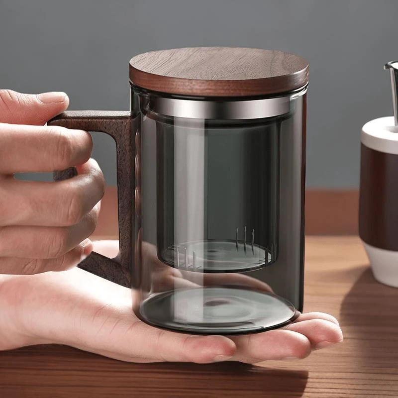 办公室泡茶杯耐热玻璃茶杯带把月牙杯绿茶杯茶水分离男款喝茶杯子