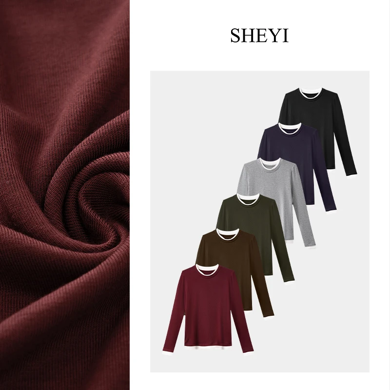 【行走热空调】软糯亲肤圆领撞色上衣修身显瘦水面膜假两件长袖T恤