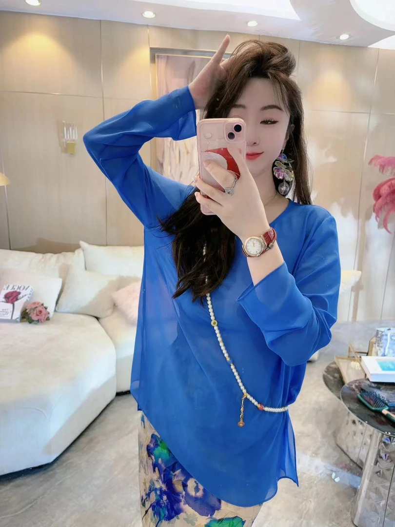 DC【午后花园】长袖时洋气尚气质舒适休闲薄款女士蓝色打底上衣