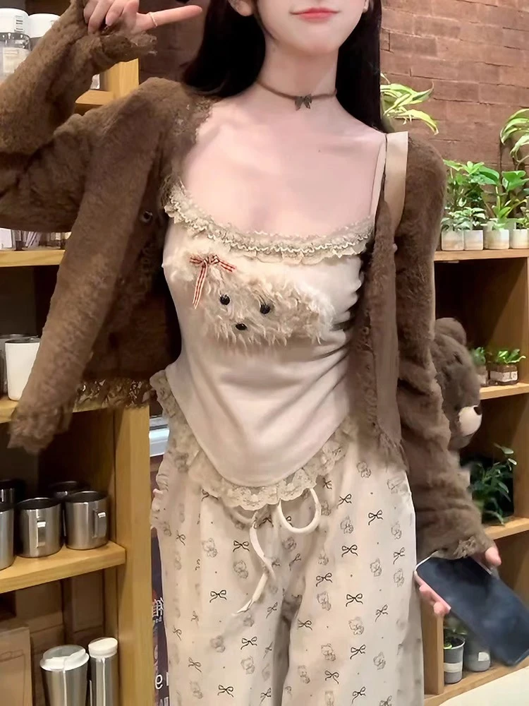 秋冬甜美可爱立体狗狗装饰显高显瘦针织毛衣外套吊带背心休闲长裤