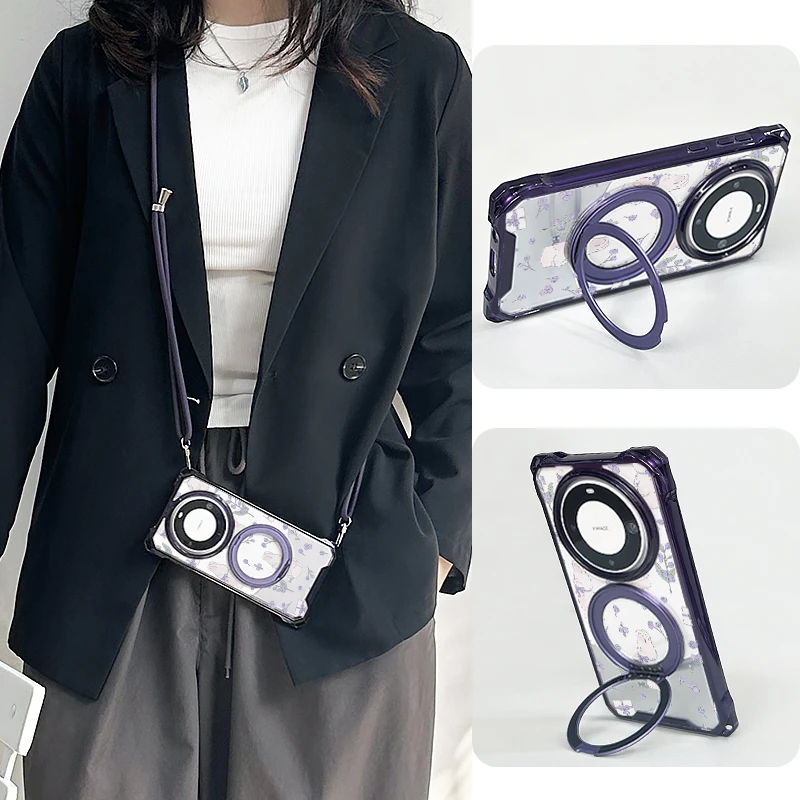 适用华为mate60手机壳斜挎绳苹果16pro支架点p70防摔15磁吸三星s+