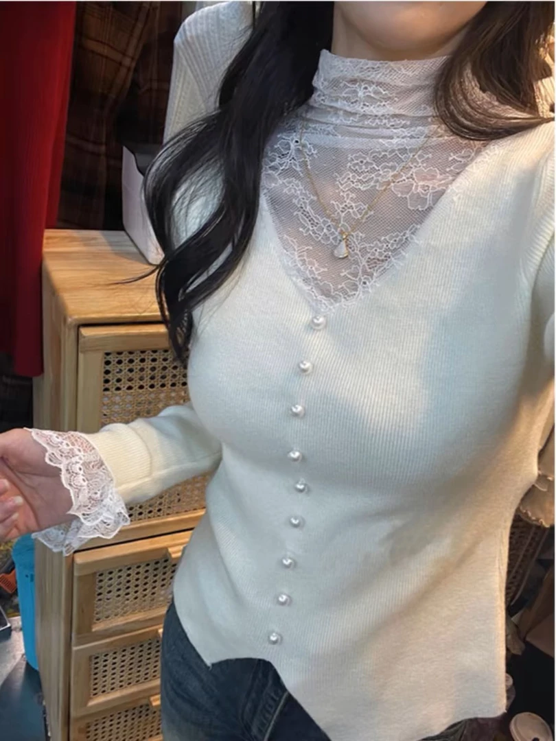 蕾丝网纱拼接毛衣打底衫秋冬高级感内搭半高领珍珠针织上衣