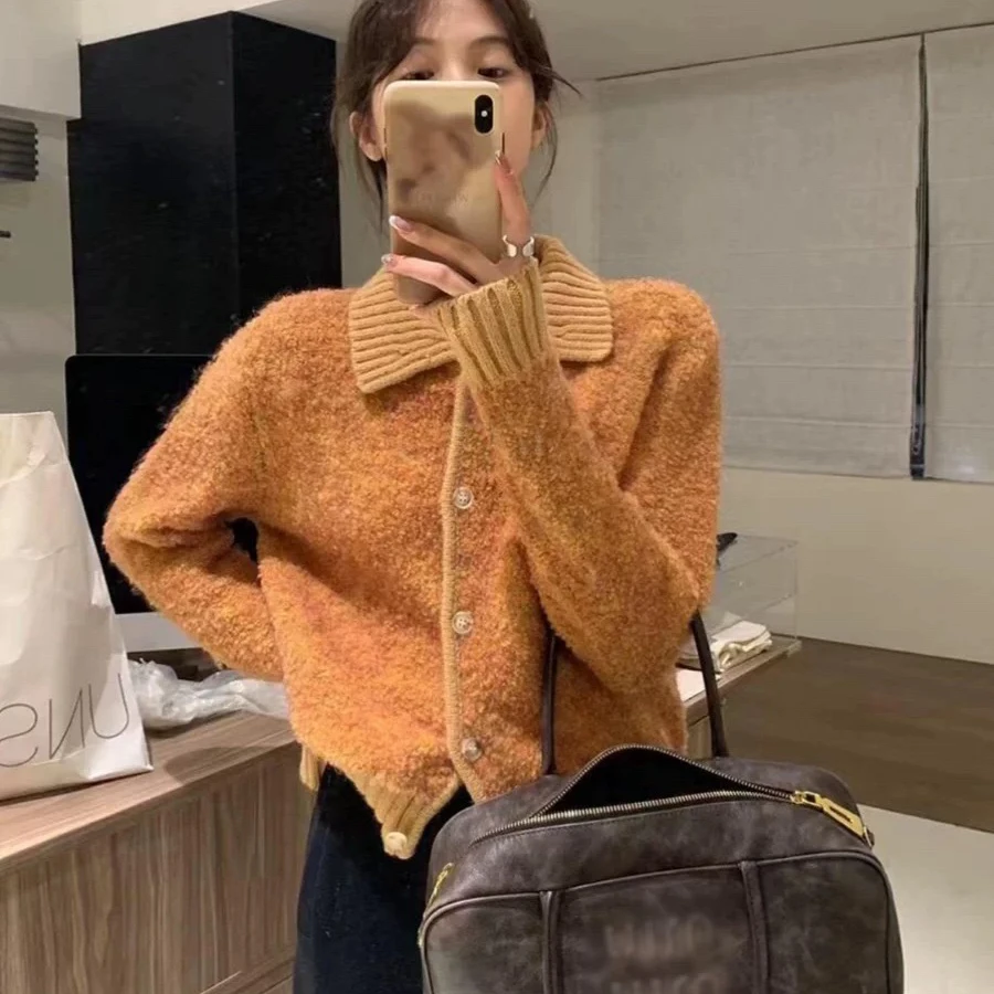 韩系新款圈圈纱拼接软糯慵懒宽松加厚针织毛衣外套女上百搭时尚