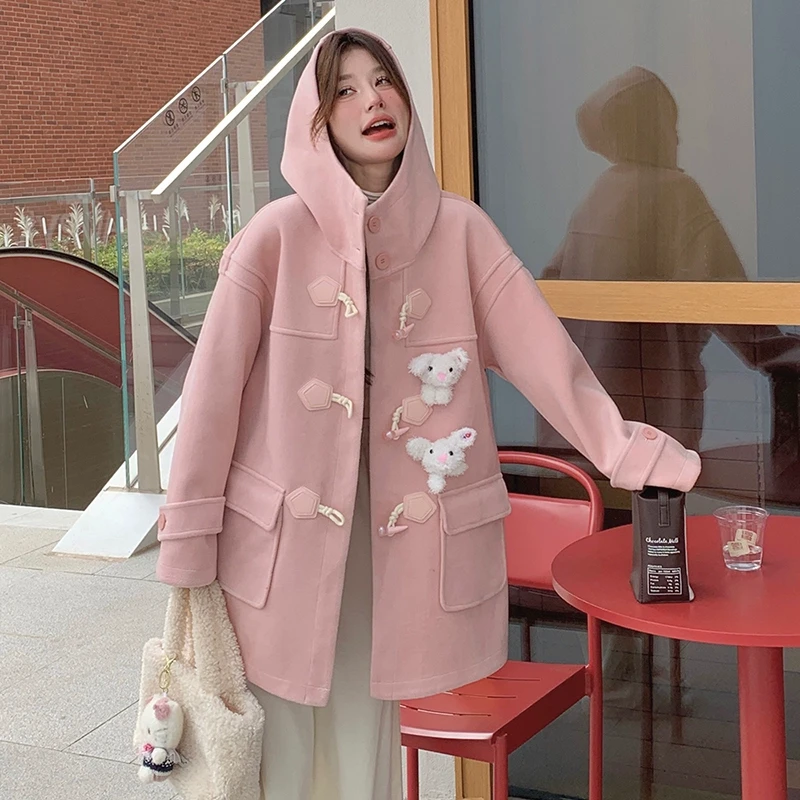 粉色连帽宽松羊毛呢外套中长款加厚甜美风大衣学生小个子韩版
