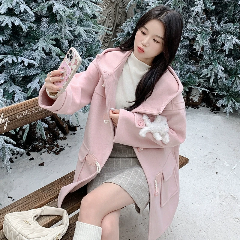 粉色连帽牛角扣大衣学院风加厚冬季毛呢外套小个子秋冬中长款