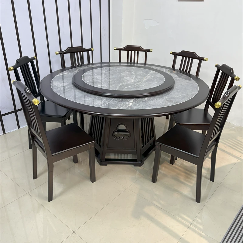 餐桌椅最新款新中式餐桌岩板实木转盘家用餐厅圆桌10-12人饭桌子