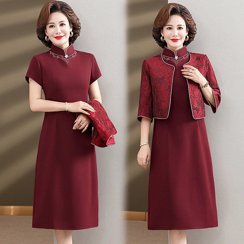 喜婆婆婚宴装妈妈秋装连衣裙洋气中老年女裙子高档婚庆礼服两件套