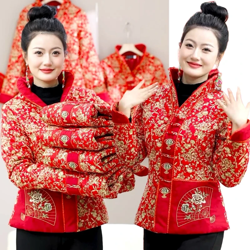 妈妈春秋唐装轻薄款棉衣短款秋冬中老年女装民族风立领绣花小棉袄