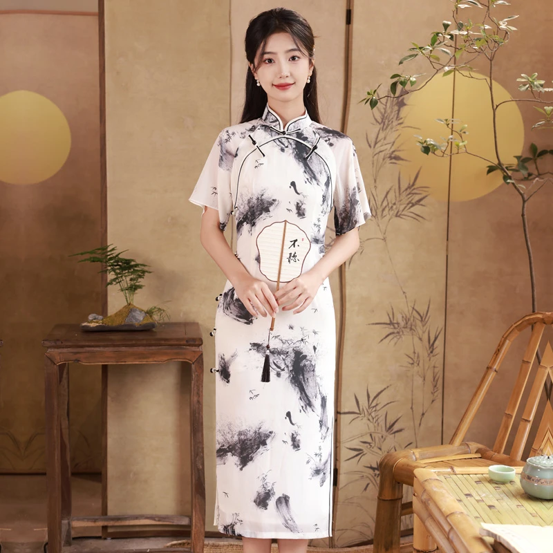旗袍新款夏季新中式年轻优雅国风旗袍显瘦气质中长款日常旗袍