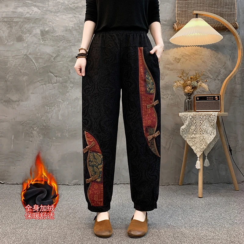 新款2025秋冬季加绒加厚中老年提花灯笼裤哈伦裤复古宽松休闲裤子
