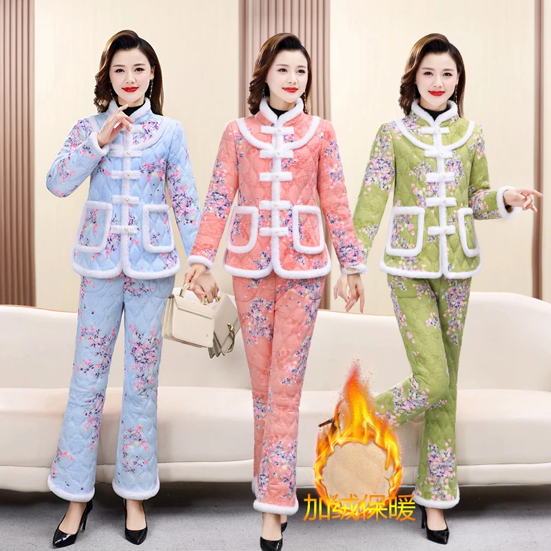 妈妈装冬季民族风棉袄套装加绒加厚棉衣中老年女装盘扣棉衣两件套