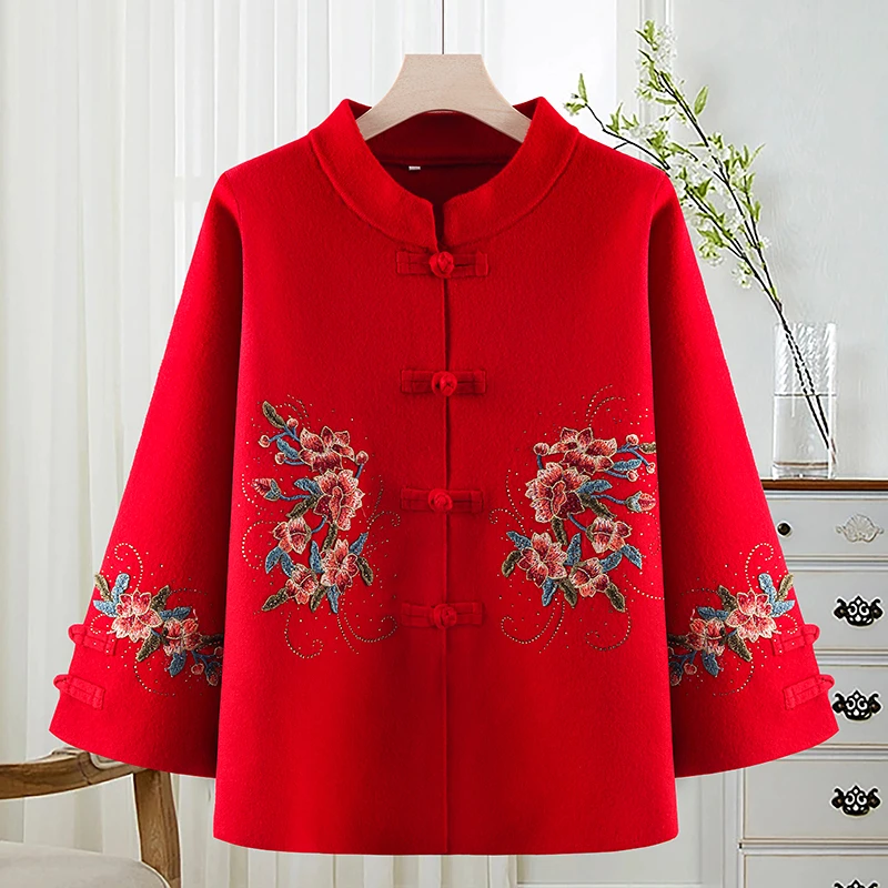 中老年秋装红色婚礼服上衣针织刺绣婚宴开衫礼服妈妈洋气秋冬外套