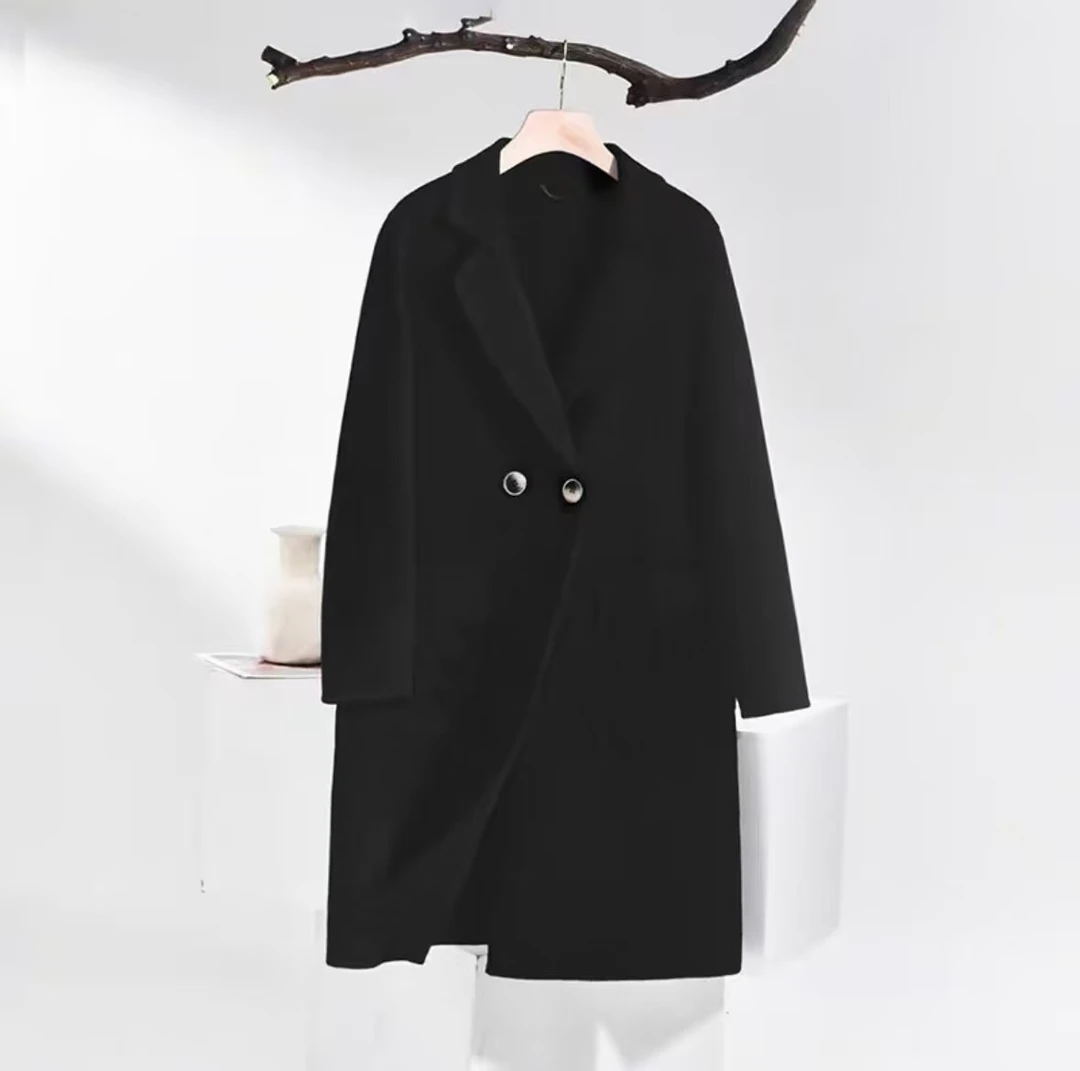 【格一专属】黑色双面呢大衣西装领双排扣纯羊毛设计简约宽松8528