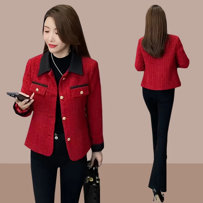独特红色短外套女春秋2025今年流行新款秋季薄红色小香风短棉质