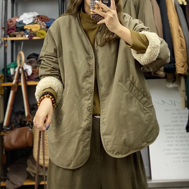 2023年冬季新款加绒加厚工装棉服外套女宽松休闲棉衣复古秋冬保暖