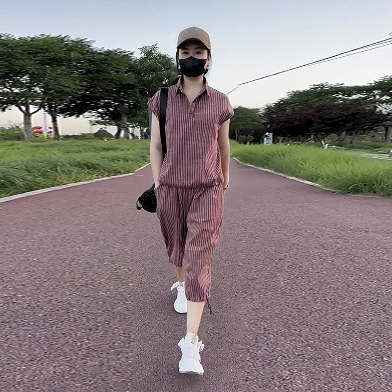 洋气条纹套装女夏季新品拼接短袖T夏季透气条纹T恤短裙套装休闲