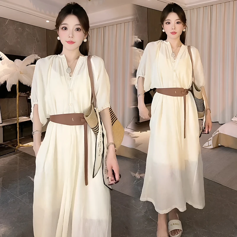 法式轻熟风连衣裙女宽松收腰显瘦设计感小众气质减龄休闲束腰长裙