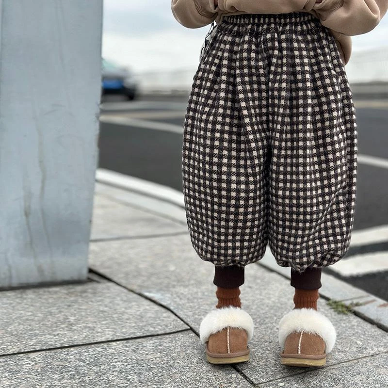 女童新款加绒裤子儿童秋冬季格子休闲裤加厚韩系冬装束脚保暖裤潮