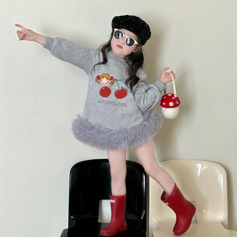 女童长袖连衣裙春秋2024新款洋气拼纱灰色卫衣裙秋装儿童秋季裙子