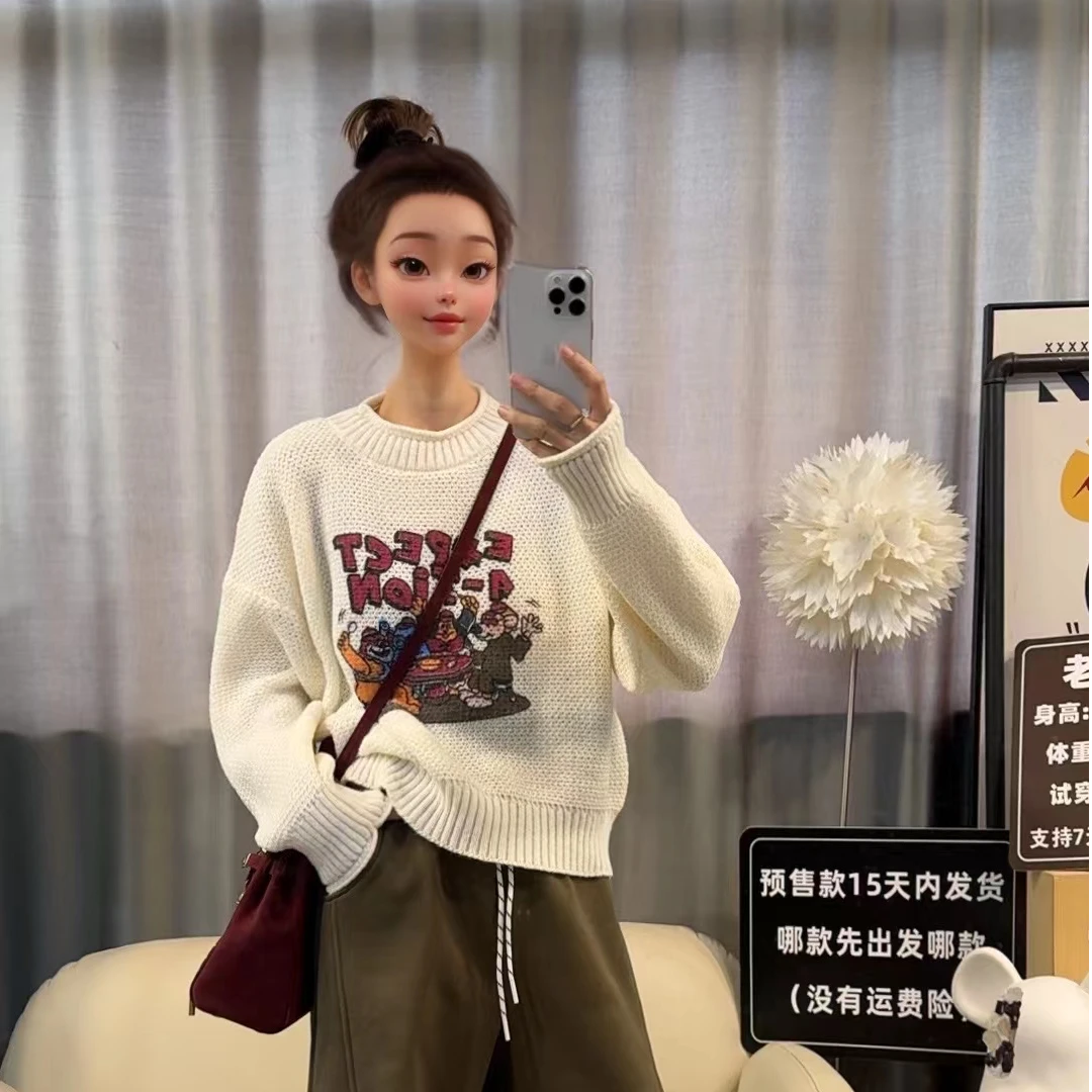 【文乐乐】秋冬新款韩版卡通印花时尚休闲潮流百搭洋气针织毛衣8624