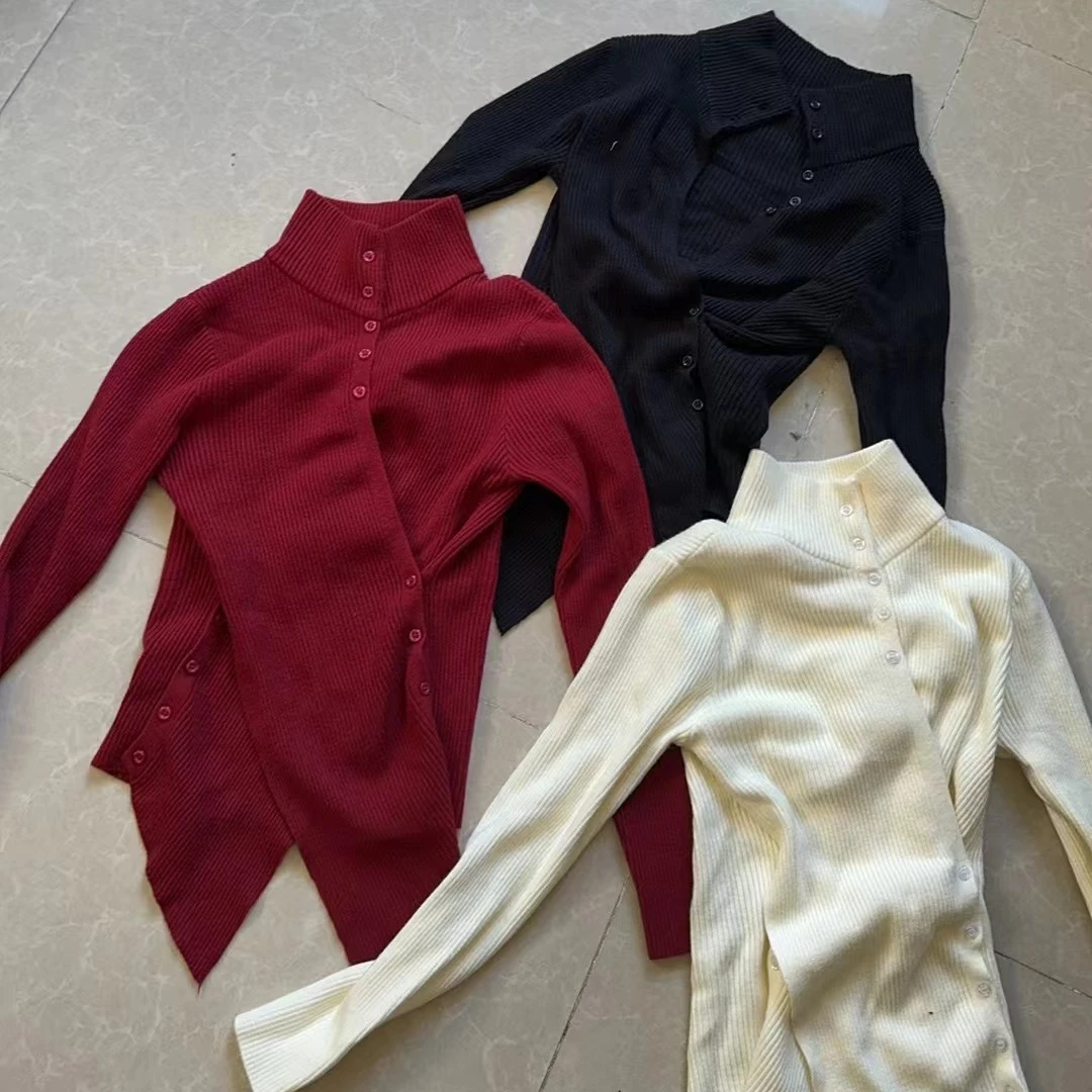 【文乐乐】秋季新款个性不规则系扣底边时尚休闲潮流针织小衫100335