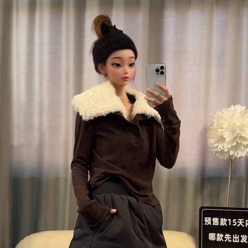 【文乐乐】秋冬新款洋气重工个性领口毛领时尚休闲潮流加厚T恤1762