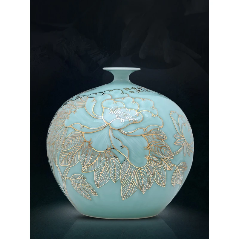 景德镇陶瓷器花瓶大师手工手绘青釉描金石榴瓶中式客厅装饰品摆件