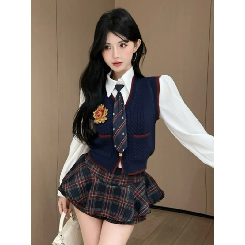 韩版学院风jk制服百搭洋气白色衬衫马甲背心显瘦格子半身裙套装潮