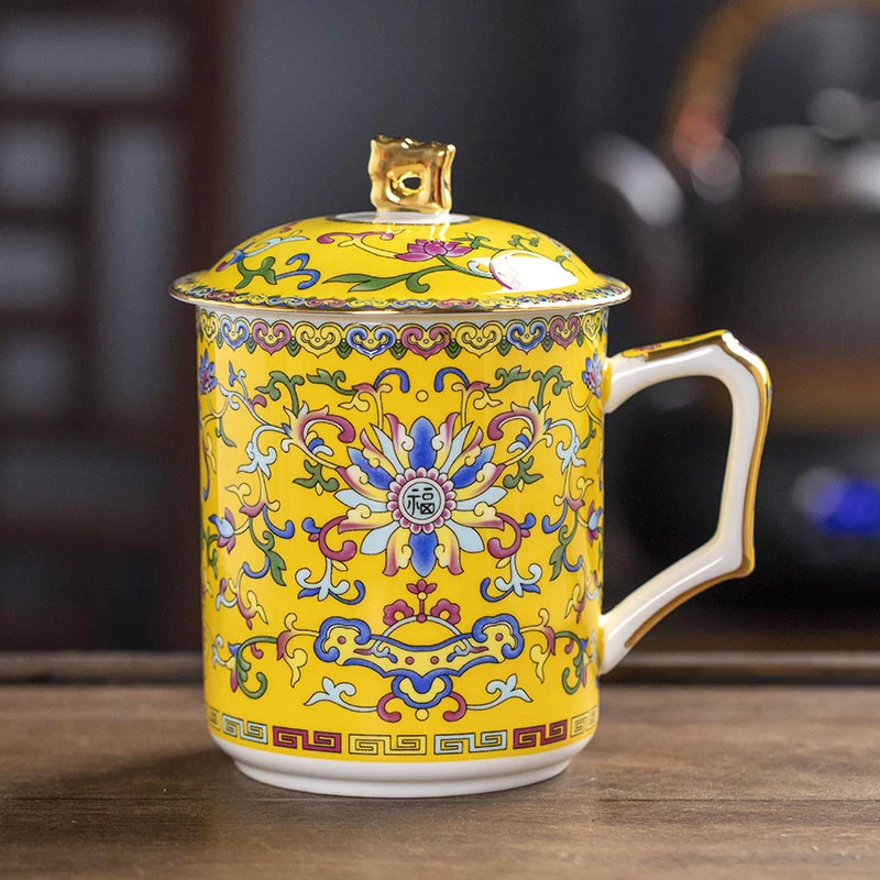 陶瓷茶杯珐琅彩高档水杯中式大容量泡茶杯办公杯杯子家用带盖创意
